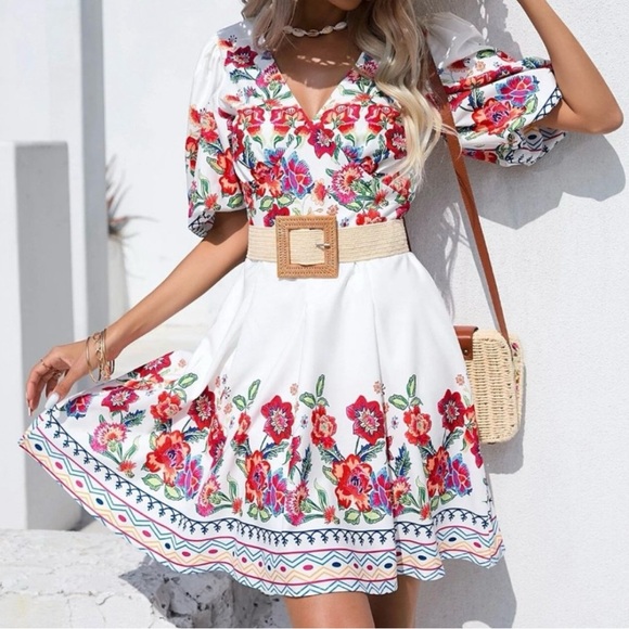 Boho Floral Print Puff Sleeve Dress Without Belt - Picture 2 of 5